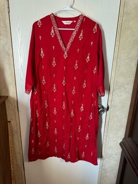 BIBA Women's Size 42 Indian Kurta Tunic Top Red Floral 3/4 Sleeve Sitara Work